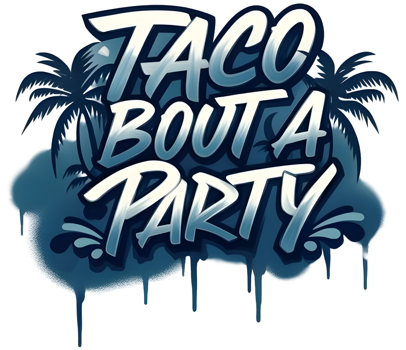 _Bestcoast-in-Evansville-tacos-taco-about-a-party digital graphic in a white to dark blue gradient that says 'taco about a party' with blue palm trees and a spray paint background